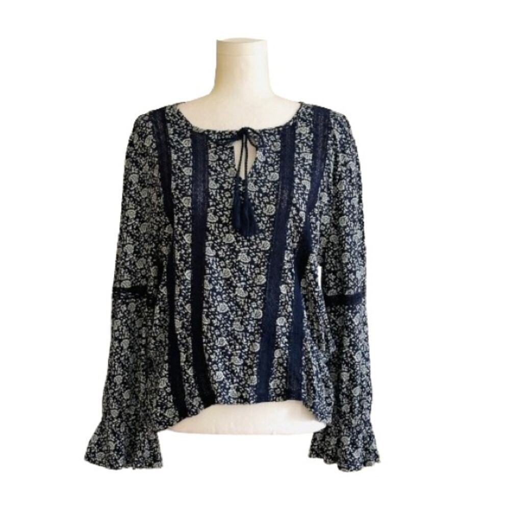 Lucky Brand Top Navy White Floral Long Ruffled Sleeve Tassel Peasant Large NEW
